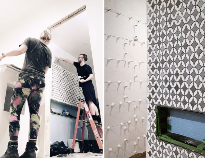 Masterbath shower and bath tile in progress by We Woke Up In This